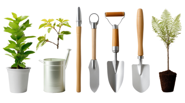 Gardening Toolkit: A comprehensive collection of gardening tools and seedlings arranged in a visually appealing display, offering a starting point for any aspiring gardener.