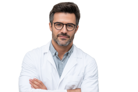 Confident doctor with glasses and lab coat arms crossed Isolated on White Background for medical professional use