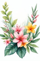 Fototapeta premium Watercolor tropical floral arrangement. Green leaves, pink, yellow flowers. Wedding, greeting card decoration. Spring, summer floral botanical design, isolated on transparent background. Generative