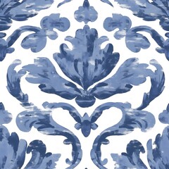 Seamless blue watercolor damask pattern on white background

