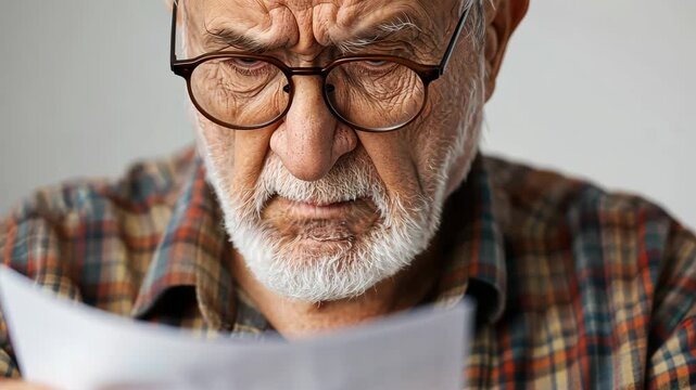 Old man with glasses: The wise old man, captured in a candid close-up, with his spectacles and weathered face, scrutinizes a piece of paper.