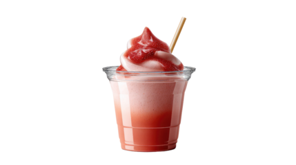 Strawberry Swirl Delight: A refreshing swirl of pink and red, a frozen strawberry treat, served in a clear cup, topped with a drizzle of vibrant red syrup and wooden stick, a sweet escape.