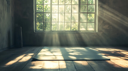 Sunlight streaming through window onto yoga mat in empty room casting shadows on wooden floor