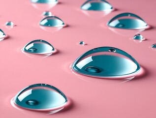 High-resolution macro shot of water droplets on smooth pink surface with reflection and clarity, ideal for backgrounds, freshness themes, and minimalist aesthetic compositions

