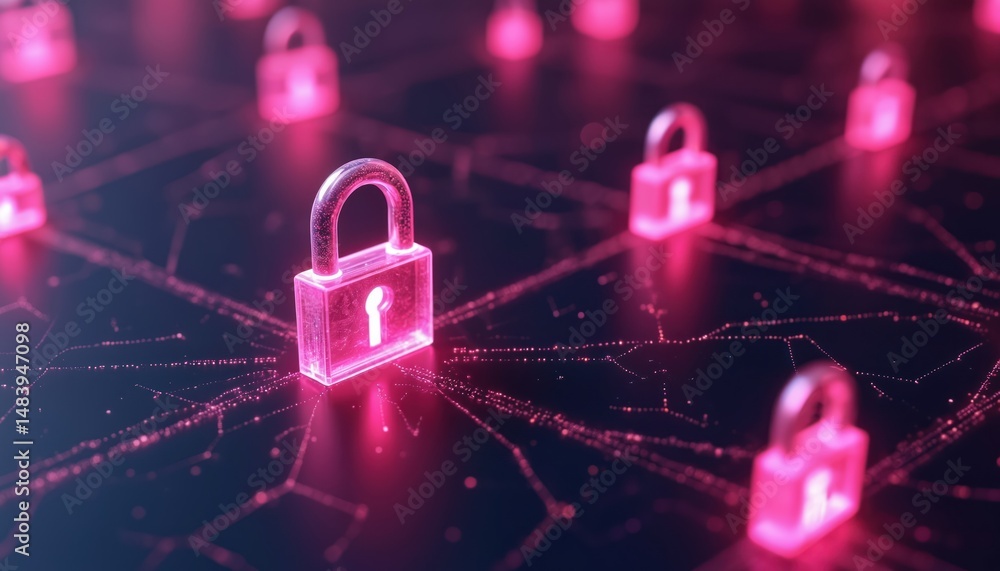 Poster digital locks represent secure network connections. pink padlocks on a dark background with neon lin