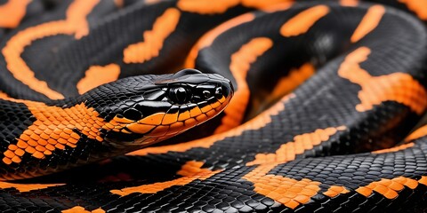 Close-up of a striking black and orange snake with intricate scale patterns, coiled in defensive position, showcasing exotic reptile beauty, texture, and natural camouflage

