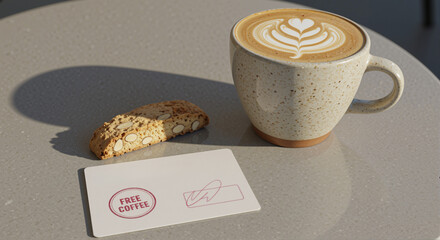 Coffee cup with latte art, free coffee loyalty card, and almond biscotti on a table