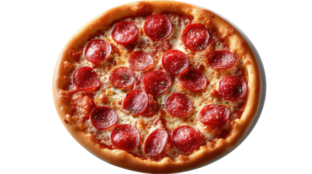Pepperoni Pizza Delight: A mouthwatering shot of a classic pepperoni pizza, brimming with savory toppings, perfectly baked and ready to satisfy your cravings. 