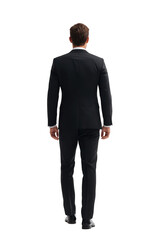 Man in a suit walking away rear view of businessman in formal attire Isolated on White Background