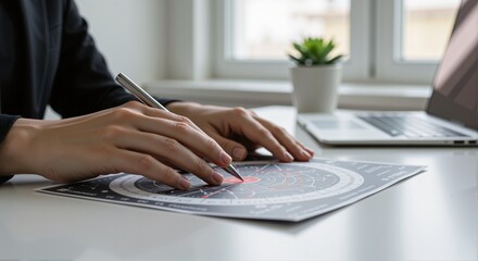 Hands of a person analyzing an astrology aspect grid with a pen on a desk, laptop and plant in the background