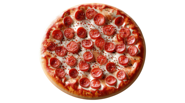 Pepperoni Pizza Delight: A close-up shot of a classic pepperoni pizza with a perfect crust, generous cheese, and evenly distributed pepperoni slices, making your mouth water.