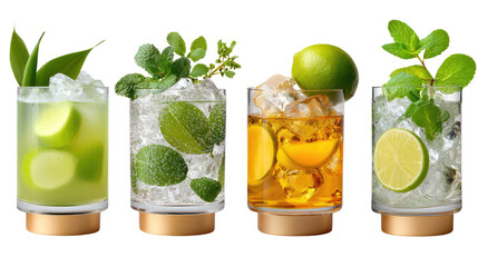 Refreshing Drinks: A vibrant collection of four artfully arranged cocktails, each a symphony of flavors and visual appeal, showcasing the refreshing essence of mixology and beverage