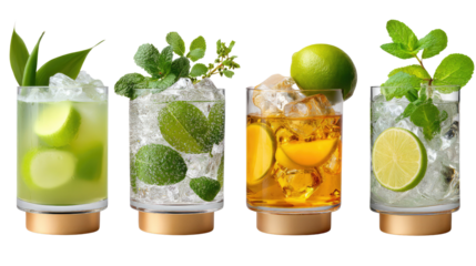 Refreshing Drinks: A vibrant collection of four artfully arranged cocktails, each a symphony of flavors and visual appeal, showcasing the refreshing essence of mixology and beverage