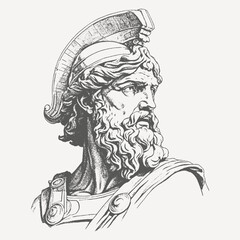 Engraved illustration of an ancient warrior with a beard, wearing a crested helmet and armor. Inspired by Greek and Roman mythology, detailed vintage sketch.