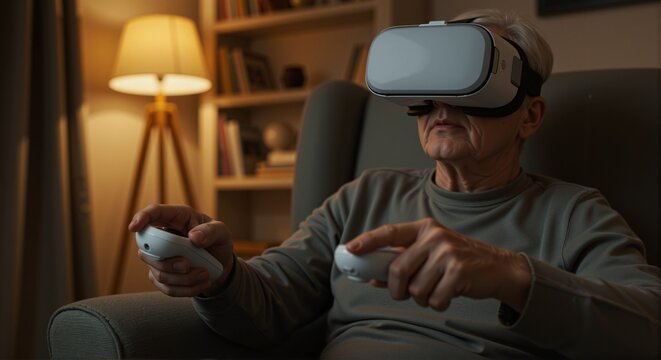 Senior couple enjoying virtual reality technology at home, engaging with VR headset and controllers