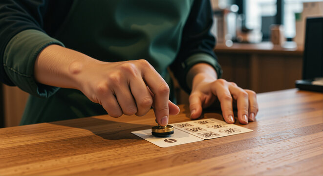Barista stamping a coffee shop loyalty card on a wooden counter, showcasing a detailed design and vibrant atmosphere
