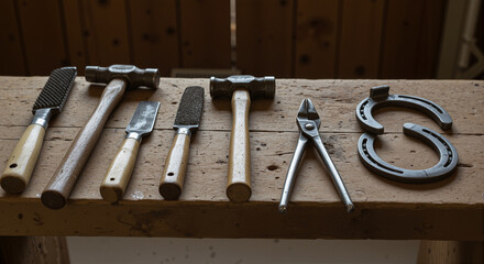 Collection of farrier tools including hammers, files, and horseshoes on wooden workbench