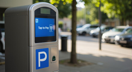 Modern contactless payment parking meter with digital display in urban setting