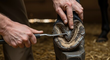 Farrier carefully holding a horse's hoof while trimming and maintaining its health