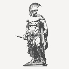 Statue engraving of a muscular Spartan warrior holding a spear, draped in a cape and wearing a crested helmet. Classical ancient Greek military figure.
