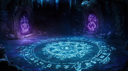 Mystic Portal: A glowing, intricate glyph radiates from a cavern's floor. Two portals stand sentinel, and the space has a supernatural air, creating a feeling of mysterious magic.