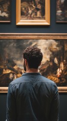 Man with his back turned in a museum looking at paintings with copy space vertically 9:16