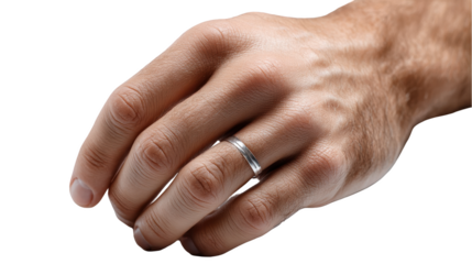 Hand wearing a silver ring close-up shot Isolated on White Background symbolizing commitment or marriage