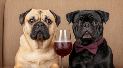 Obraz premium Two pugs sit side by side on a sofa, one black and one fawn, with a glass of red drink between them; the black pug wears a red bow tie.