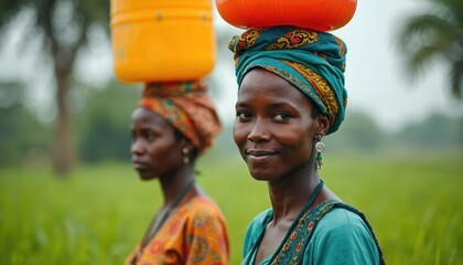 African women carry water buckets on heads. Traditional attire, rural lifestyle, focus on person in front, smiling in portrait. AI generated image with grass background.