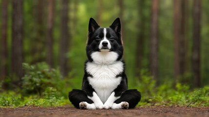 A black and white dog sitting calmly on a forest path, surrounded by lush greenery and tall trees.