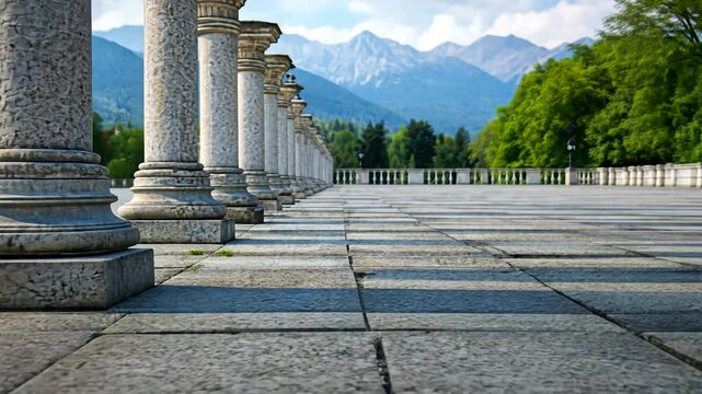 Historical stone columns with mountain view architecture and travel destination