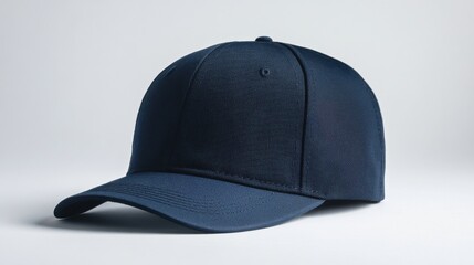 Navy flat bill cap, simple product shot, white backdrop