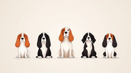 Obraz premium Five cartoon dogs with long ears and different color patterns sit in a row on a plain background.