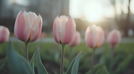 Fototapeta premium Pastel Pink Tulips Blooming at Sunset Garden