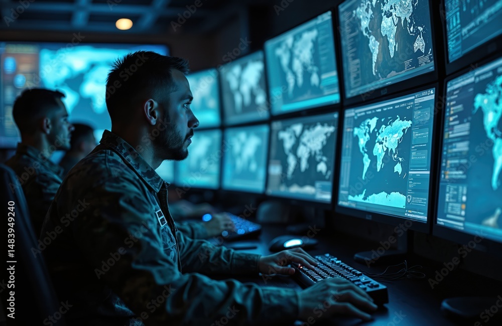 Aufkleber military operator monitors security system. team in cyber command center controls drones or air stri