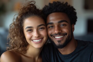 Spending nice time at home. Beautiful young loving couple bonding to each other and smiling