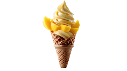 Mango Soft Serve: A tempting soft serve ice cream cone with fresh mango pieces, perfect for a sweet summer treat.  A creamy swirl of vanilla soft serve topped with juicy mango slices.
