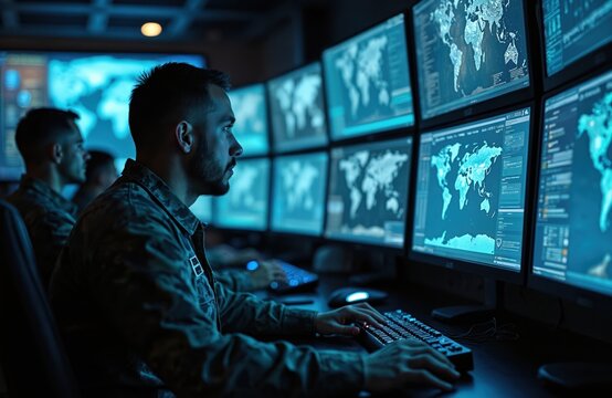 Military operator monitors security system. Team in cyber command center controls drones or air strikes. Army officers analyze real-time information on computer screens. Concept cyber warfare. - Powered by Adobe