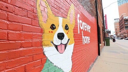 Cheerful corgi mural with "forever home" text painted on a red brick wall in an urban street setting.