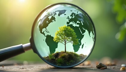 Illustration shows tree inside of magnifying glass against blurred background of green globe. Concept of environmental protection. Eco-friendly business, carbon credit ideas. Sustainability, growth,