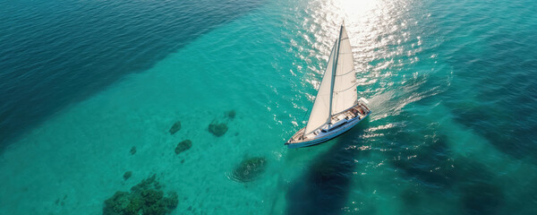 Aerial view sailboat sails across tropical bay. Emerald clear sea, turquoise water. Sunny weather, summer vacation, nautical travel on luxury yacht. Paradise island coast, relaxation, leisure, active