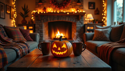 Cozy living room decorated for Halloween with pumpkin and candles  