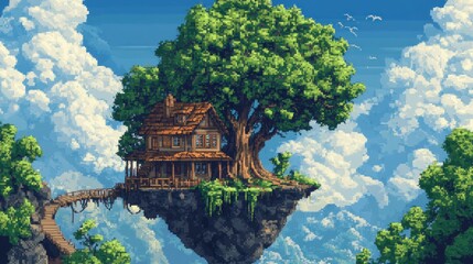 Pixelated Dream: Cottage on Floating Island with Ancient Tree and Cloudy Sky