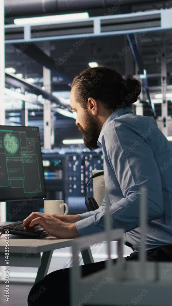 Aufkleber vertical video engineer in server room responding to sudden ransomware detection on monitor, request