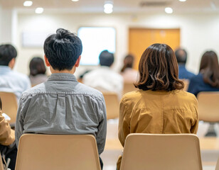Fototapeta premium Japanese people sitting in a waiting area, neutral-toned interior, concept of unemployment