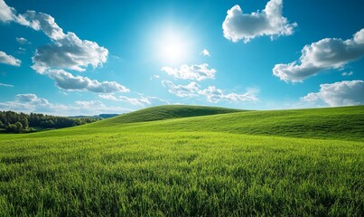 Green grass field on small hills and blue sky with clouds. Summer spring landscape background. Generative AI