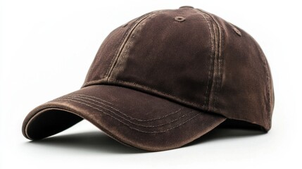 Fototapeta premium Dark brown unstructured cap with no label, isolated white backdrop 
