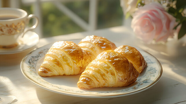 Golden, flaky Canutillos de Crema, Cream Horns, filled with rich, sweet cream, arranged on a vintage dessert plate