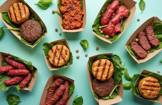 Variety of plant-based meat alternatives on display. Vegan burgers, sausages, cutlets with fresh greens. Eco-friendly food to reduce carbon footprint for eco-conscious shoppers. Plant-based diet,