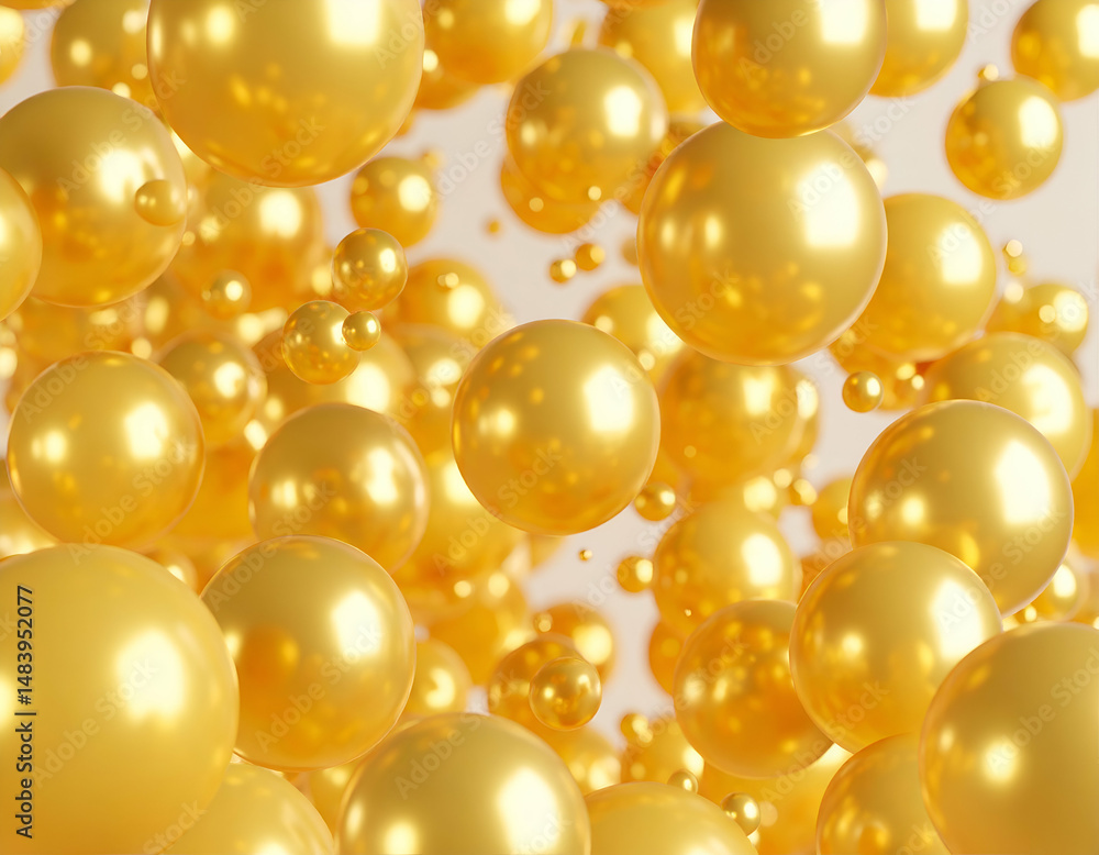 Poster shimmering golden spheres float in a dynamic, three-dimensional space